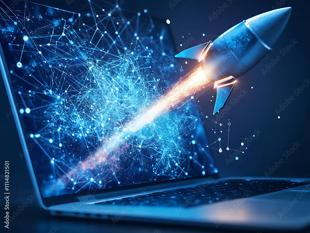 Poster Rocket exiting laptop screen with abstract digital wave