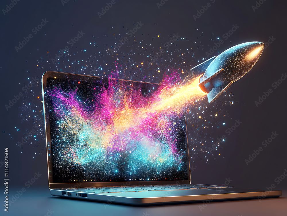Aufkleber rocket exiting laptop screen with abstract digital wave