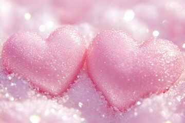 Fototapeta premium Two soft pink hearts rest gently on a pristine bed of white snow, symbolizing love's warmth amidst a chilly backdrop.