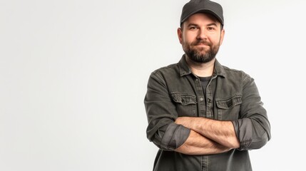 Fototapeta premium Professional electrician posing confidently with folded hands against a clean white background