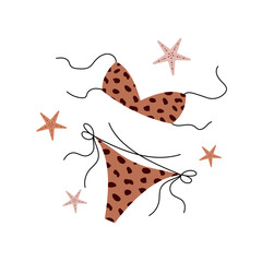 Beach swimsuit decorated with shells and starfish. Perfect for summer holidays. Vector art on white background