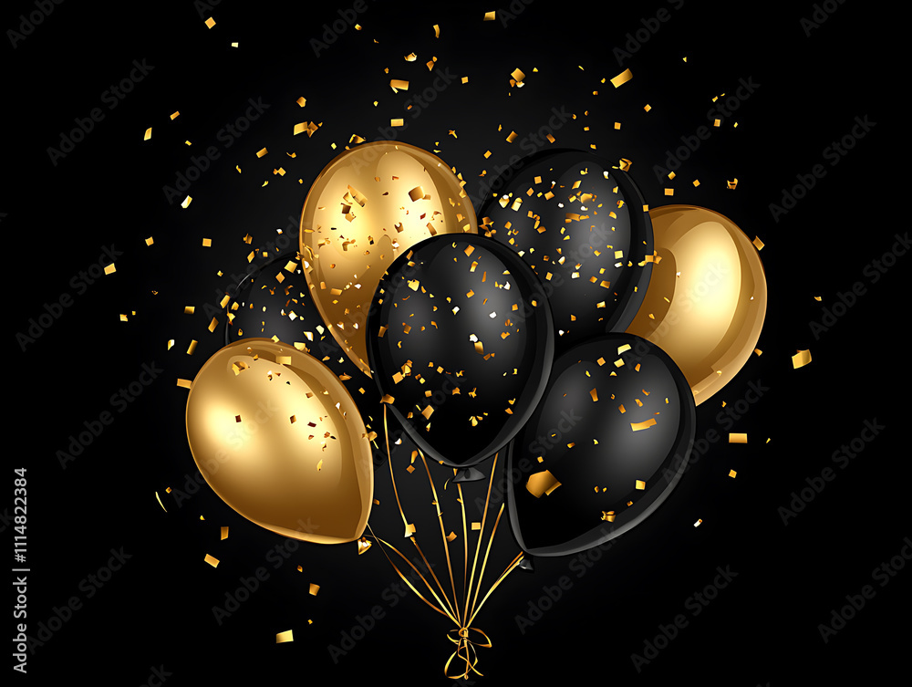 Aufkleber black and gold balloons falling with confetti on a black background creating a festive scene