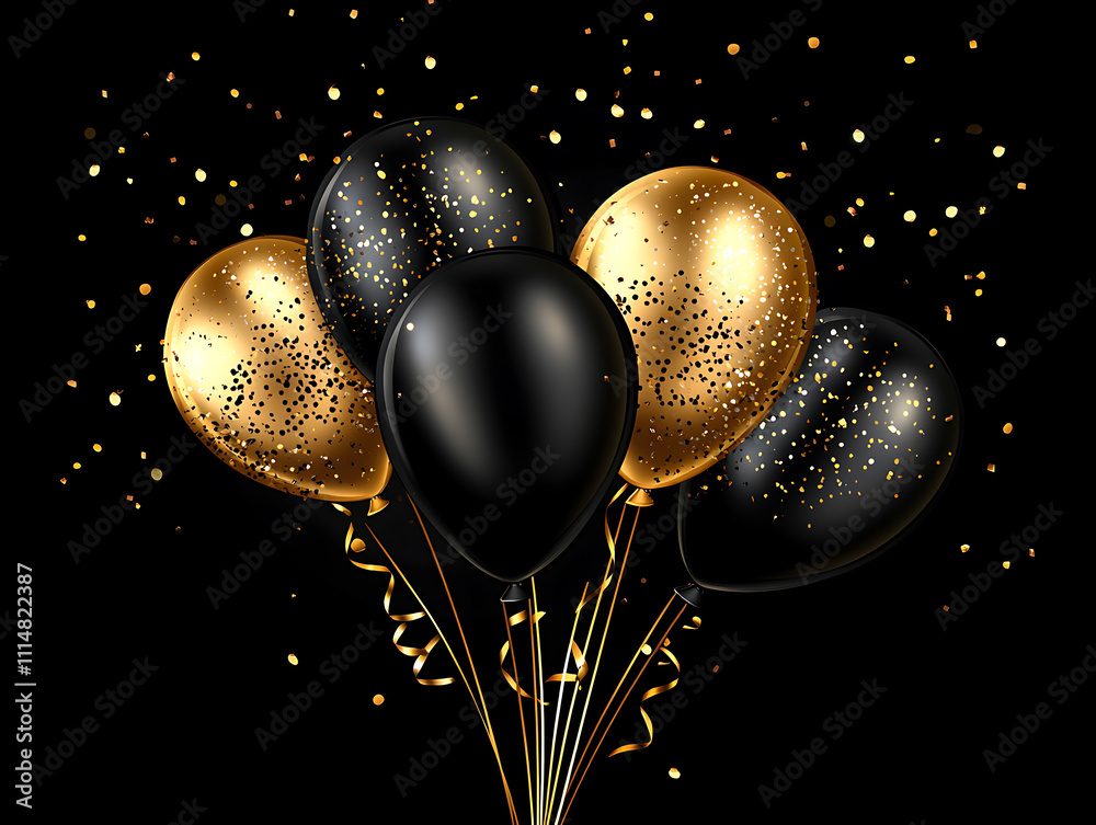 Aufkleber black and gold balloons falling with confetti on a black background creating a festive scene