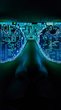Computer code on hacker programmer glasses Cyber Information Data Software Encryption Security Tech Dark lighting
