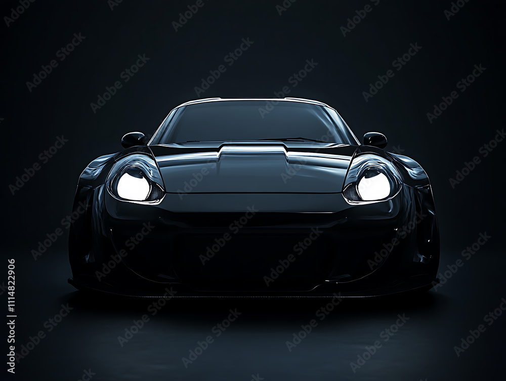 Poster front view of a generic black sport car isolated on a dark background