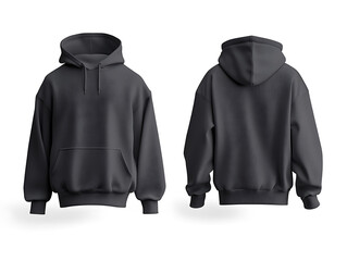 Front view and rear view of dark grey boxy fit hoodie jacket mockup, cotton and linen material