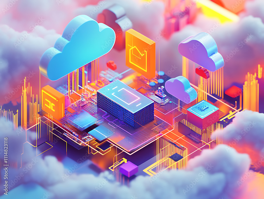 Poster Futuristic network of cloud computing and blockchain technology , a vibrant 3d polygonal illustration depicting the interconnected world of digital currency and modern tech