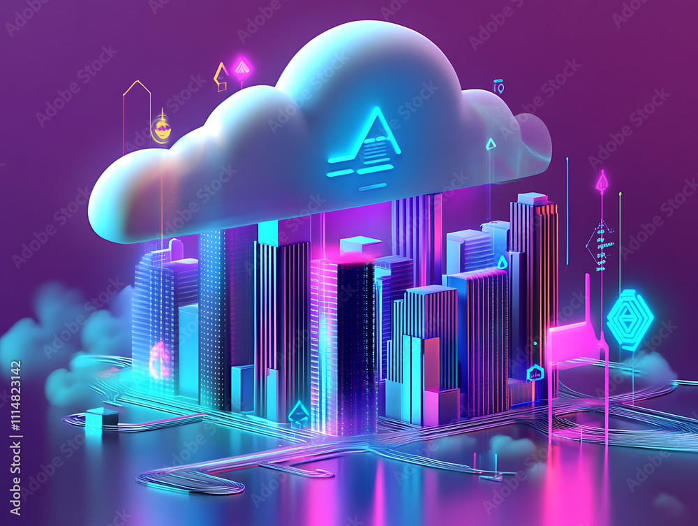 Poster Futuristic network of cloud computing and blockchain technology , a vibrant 3d polygonal illustration depicting the interconnected world of digital currency and modern tech