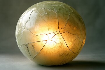 Illuminated cracked sphere emitting warm light, close-up on a neutral background