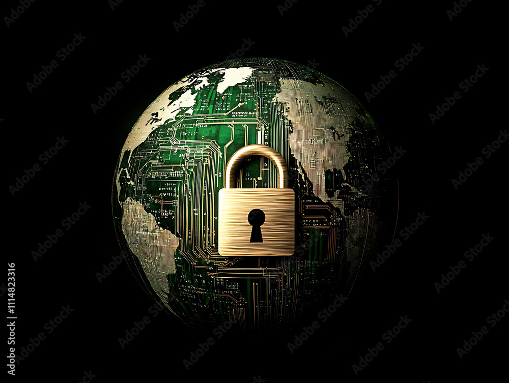Aufkleber globe with digital padlock over circuit board, dark background, concept of global cybersecurity and 