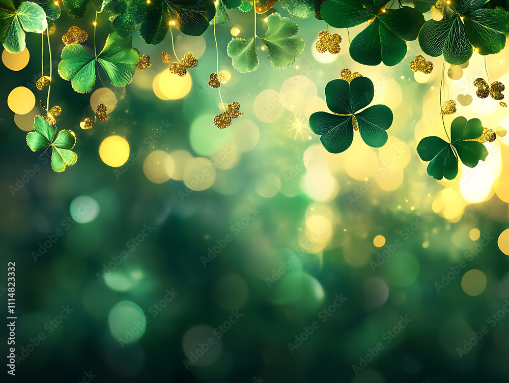 Poster glimmering golden bokeh effect on a dark green backdrop, st, patrick's day background