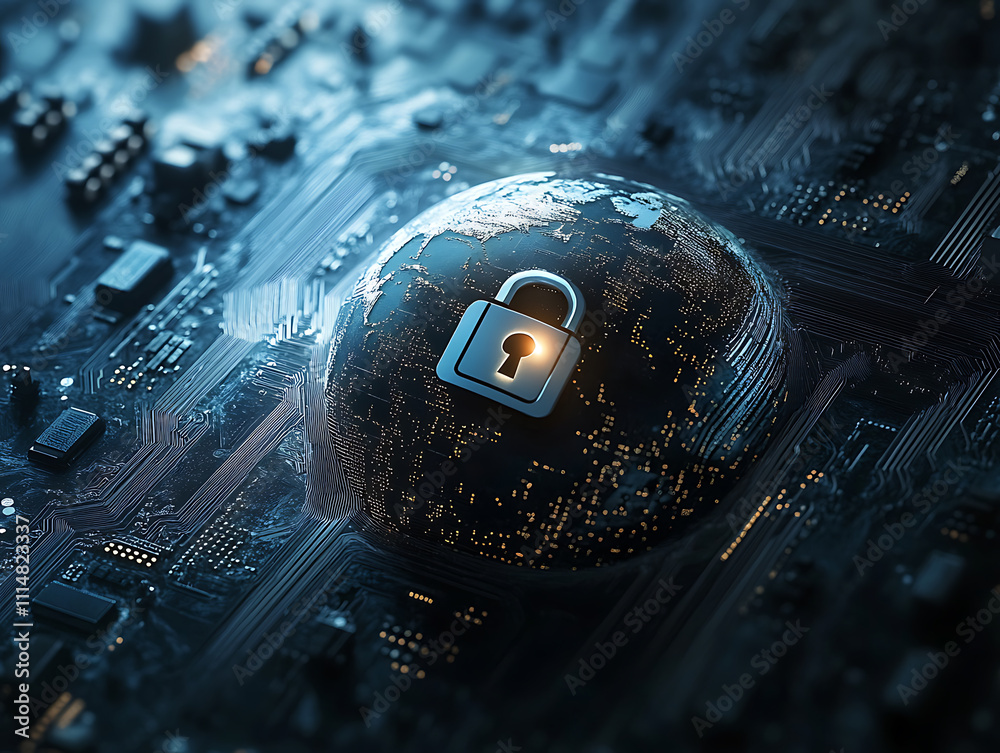 Poster globe with digital padlock over circuit board, dark background, concept of global cybersecurity and 