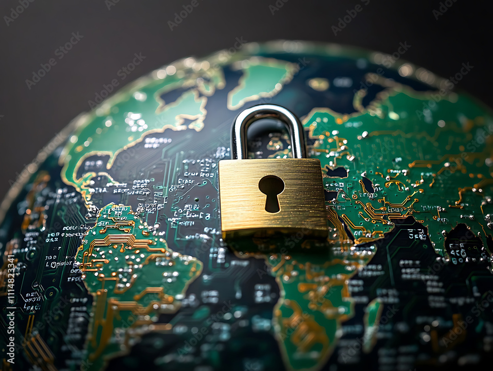 Aufkleber globe with digital padlock over circuit board, dark background, concept of global cybersecurity and 