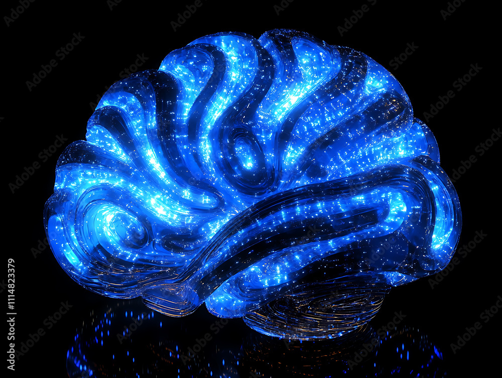 Poster Glowing brain with swirling patterns depicting machine intelligence and data processing, brainpower concept