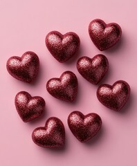Fototapeta premium A close-up view features vibrant red hearts scattered on a soft pink background, symbolizing love and affection for Valentine's Day.
