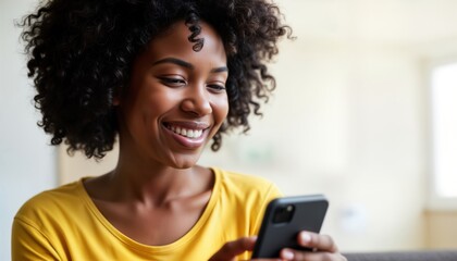 Young African woman smiling cheerfully looking at smartphone. Closeup portrait of stylish woman in yellow top. Appears happy, engaged in conversation content viewing session. Studio setting. Casual