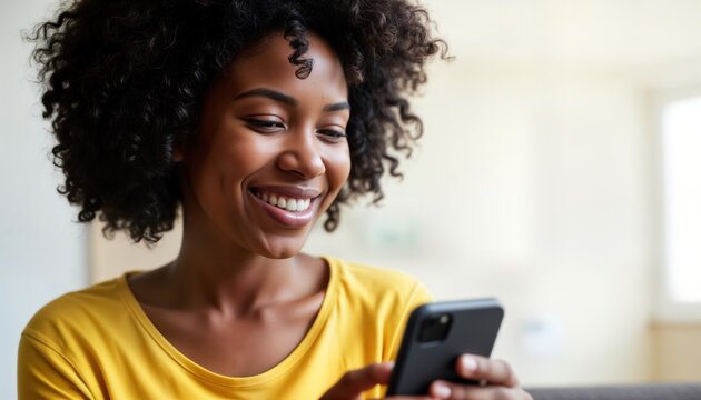 Young African woman smiling cheerfully looking at smartphone. Closeup portrait of stylish woman in yellow top. Appears happy, engaged in conversation content viewing session. Studio setting. Casual