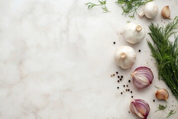 Obraz premium Fresh garlic and herbs on marble background, space for text