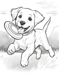 Black And White Coloring Page of Happy Dog with Frisbee