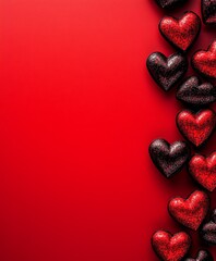 Fototapeta premium A vibrant display of numerous hearts resting on a rich red background, symbolizing love and affection, perfect for Valentine's Day celebrations.