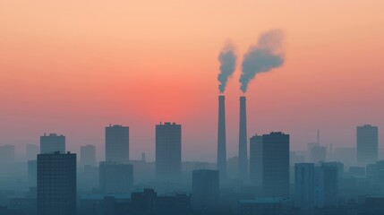 Fototapeta premium Pollution toxins air. Smoggy urban landscape with industrial elements under a hazy sky.