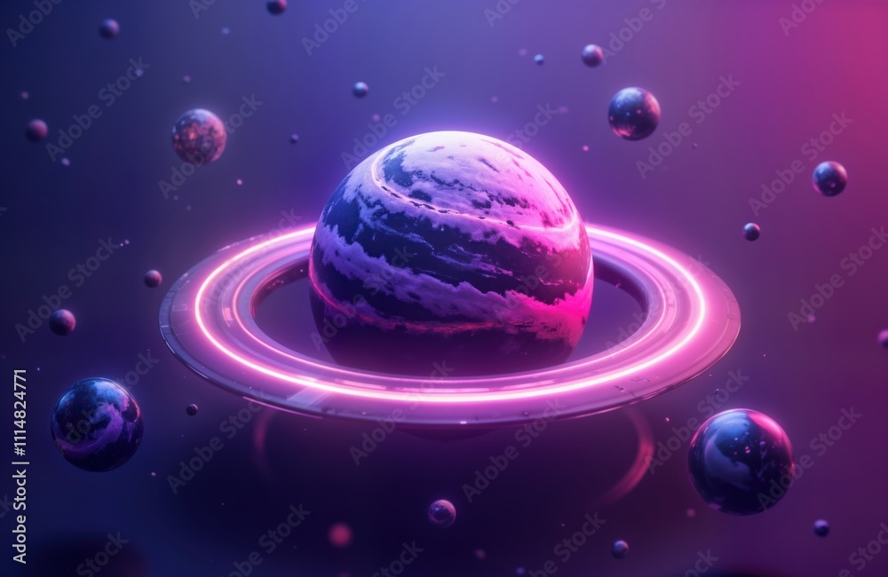 Poster Futuristic abstract image of round planet with glowing ring. Neon colors create modern design. Planet swirling colors, dark elements. Stars, celestial bodies around planet. Space scene. Future