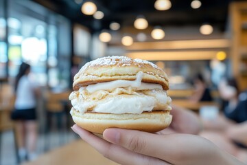 Delicious dessert sandwich featuring soft cream filling and fluffy bun, ideal for summer indulgence, perfect for bakery, café, or dessert shop promotional materials.
