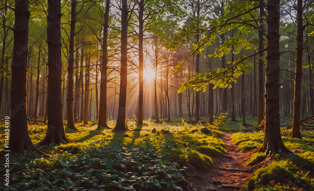 Aufkleber Forest with a path and trees. The sun is shining through the trees. There are some shadows on the ground