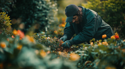 Gardener removing leaves from a flower bed, green surroundings, soft focus
