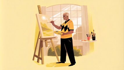 Fototapeta premium Senior artist enjoying morning painting in sunlit studio