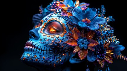 Vibrant Blue and Purple Glowing Sugar Skull with Floral Details