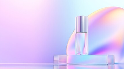 elegant skincare serum bottle on a vibrant holographic background
