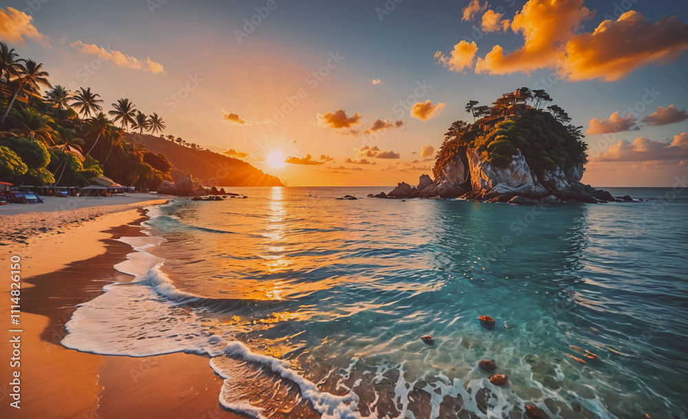 Aufkleber beautiful beach with a small island in the middle of the ocean. the sun is setting and the water is 