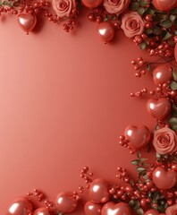 A vibrant red heart-shaped frame adorned with elegant red roses and shimmering red pearls, perfect for expressing love on Valentine's Day.