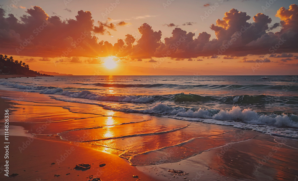 Aufkleber the sun is setting over the ocean. the water is calm and the sky is cloudy. the beach is empty