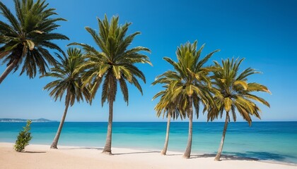 Fototapeta premium Serene Tropical Beach Paradise: Palm Trees Swaying Gently on Pristine White Sand