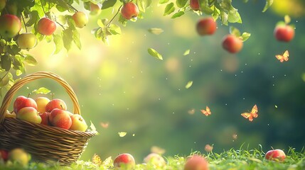   A basketful of apples rests atop a field of green grass, adjacent to a leafy tree