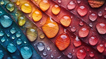 Macro Shot of Colorful Water Droplets on Leaf Surface