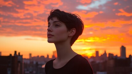 Fototapeta premium beautiful woman with short hair on a sunset with a view of the city