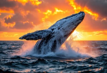 Fototapeta premium Humpback whale breaching out of the ocean with dramatic splash at sunset, glowing sunlight and vibrant sky, showcasing marine life and the beauty of nature's wildlife in its habitat 