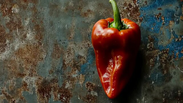 Bright red bell pepper resting on a textured surface showcasing its vibrant color and smooth curves