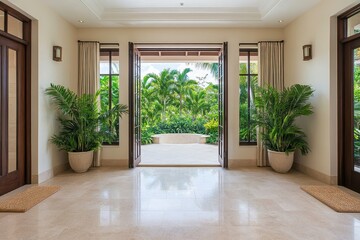 Obraz premium Serene Entrance to an Elegant Tropical Home Featuring Lush Greenery and Natural Light Illuminating the Spacious Foyer with Open Doors and Stylish Decor