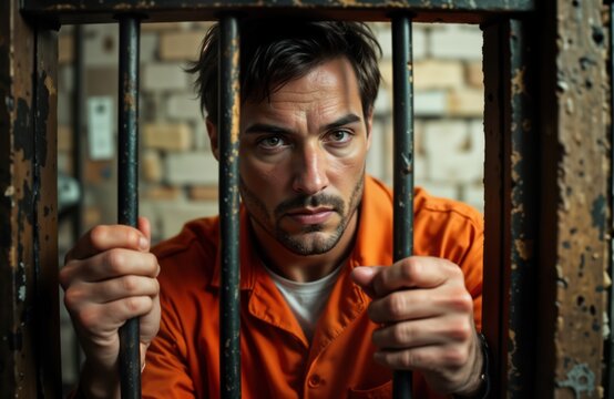 Man in prison cell looking through bars. Prisoner in orange uniform holding bars. Sad expression on face. Imprisoned male. Crime concept. Justice system. Incarceration. Criminal. Gaol. Hispanic man.