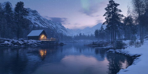Fototapeta premium A tranquil Scandinavian fjord at dusk, with calm waters mirroring the snowy cliffs, a small wooden cabin nestled in the landscape, and the ethereal glow of northern lights above. The serene and