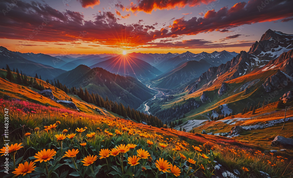 Poster mountain range with a valley in the middle. the valley is filled with flowers and trees. the sun is 