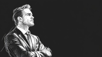 Business Concept Illustration of a Suit-Clad Male Figure with Crossed Arms in Continuous Line Drawing, Symbolizing Confidence and Contemplation