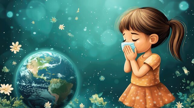 Vector Illustration of a Cartoon Girl Sneezing Over an Earth Planet