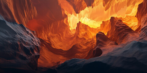 A dramatic canyon lit by the golden hues of sunrise, with steep red rock walls glowing in the early light, a river carving its way through the depths, and the stillness of morning. The majestic and