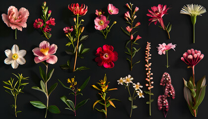 Obraz premium A vibrant collection of various flowers arranged artistically against a dark background, showcasing their beauty and diversity.