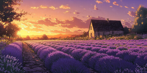 A serene lavender field at sunset, with rows of purple blooms stretching into the horizon, the soft hum of bees, and a small stone farmhouse silhouetted against the warm light. The tranquil and